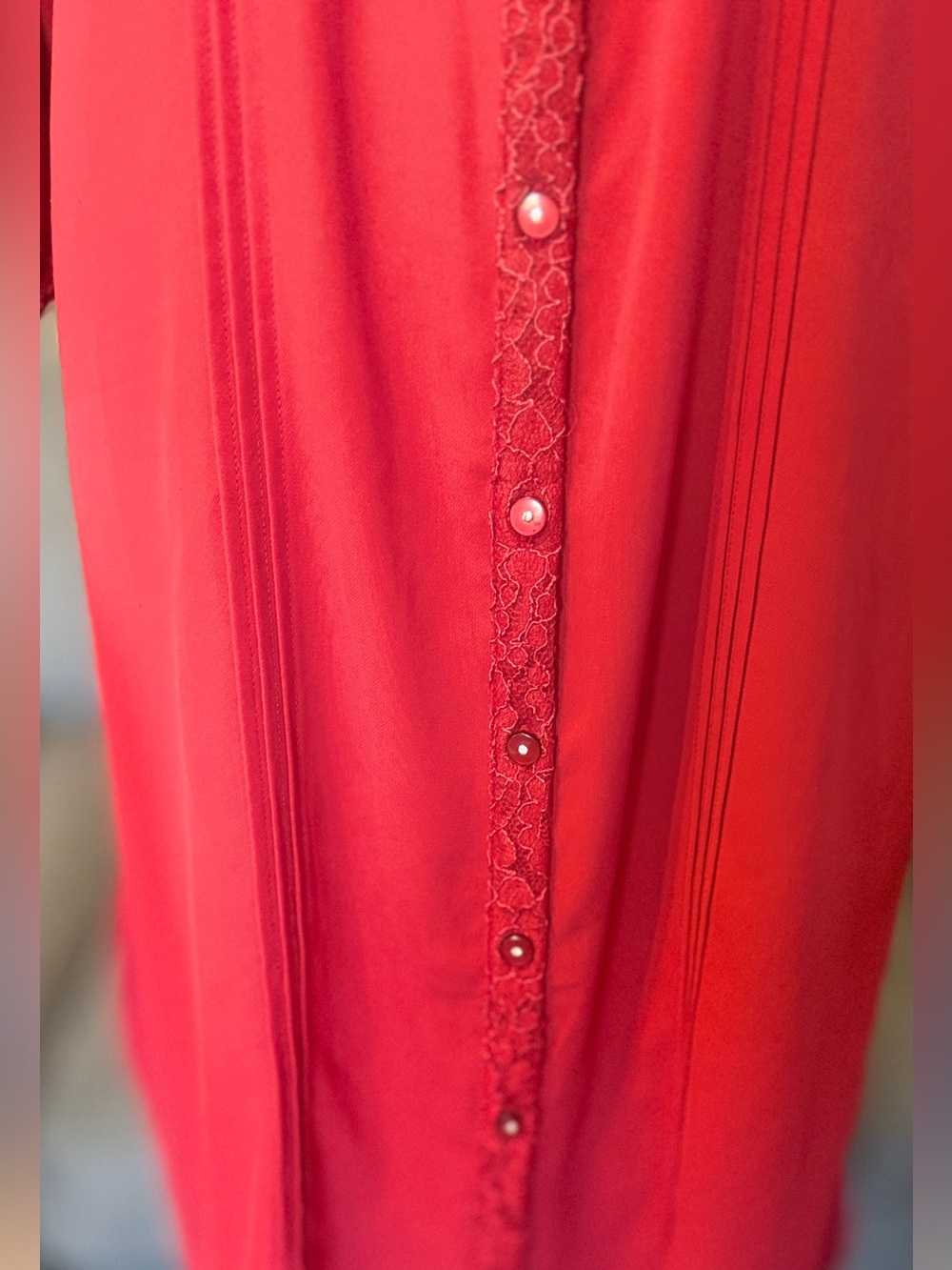 Lace-Trim Vibrant Red Button-Down Dress - Picture 2 of 11
